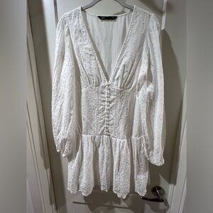 Zara White Textured Eyelet Dress